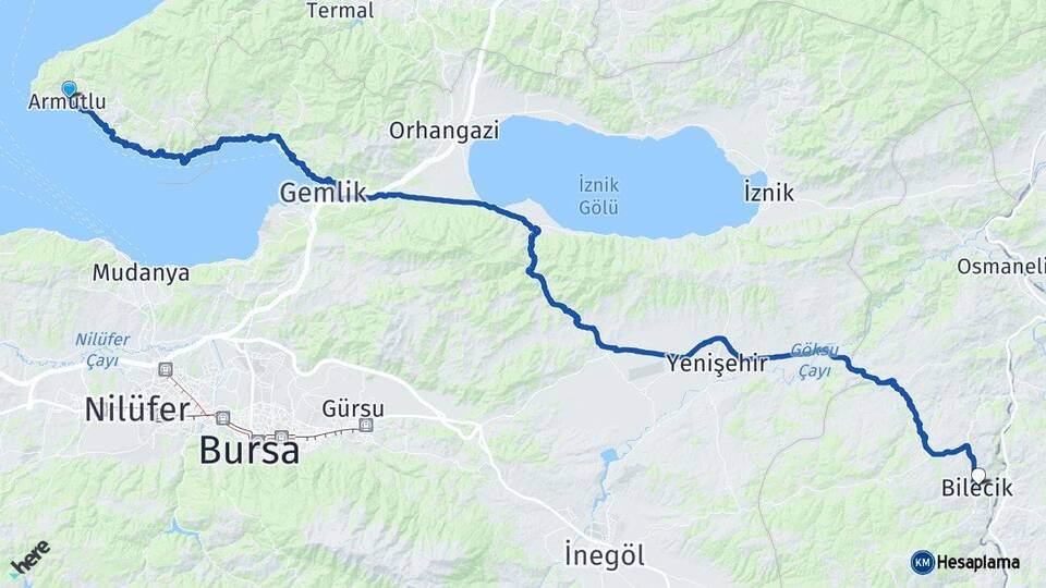 Yalova Armutlu Bilecik Arası Kaç Km - Yol Haritası