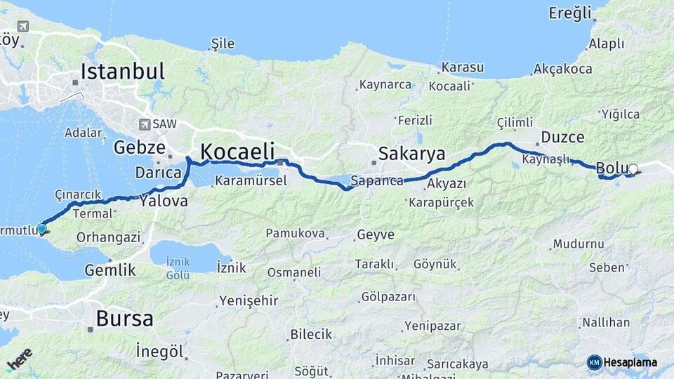 Yalova Armutlu Bolu Arası Kaç Km - Yol Haritası