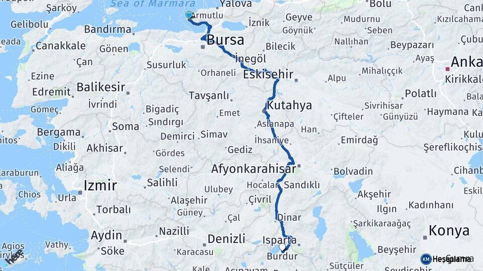Yalova Armutlu Burdur Arası Kaç Km - Yol Haritası