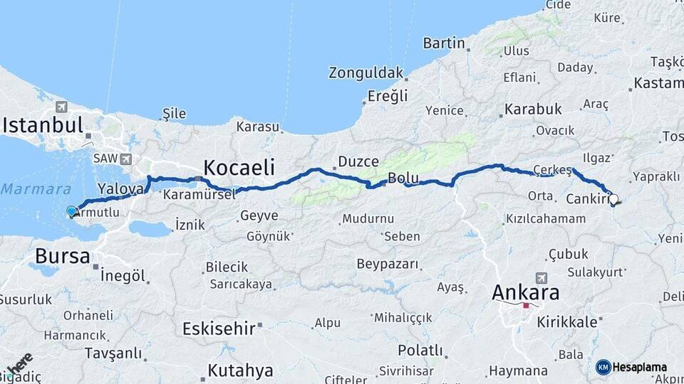 Yalova Armutlu Çankırı Arası Kaç Km - Yol Haritası