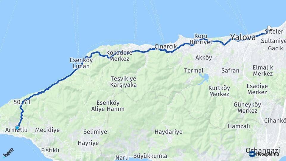Yalova Armutlu Çiftlikköy Arası Kaç Km - Yol Haritası