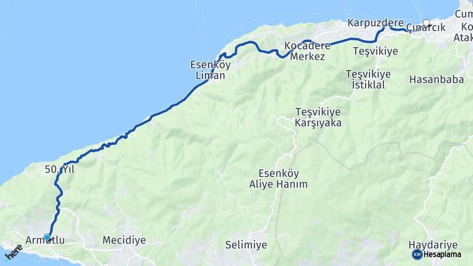 Yalova Armutlu Çınarcık Arası Kaç Km - Yol Haritası