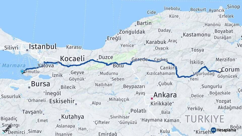 Yalova Armutlu Çorum Arası Kaç Km - Yol Haritası