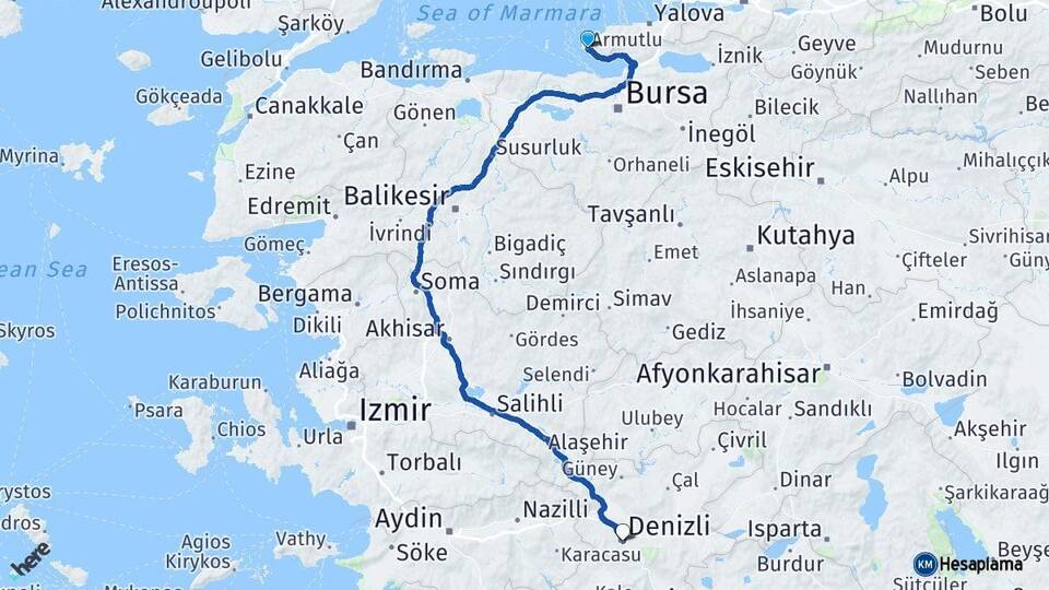 Yalova Armutlu Denizli Arası Kaç Km - Yol Haritası