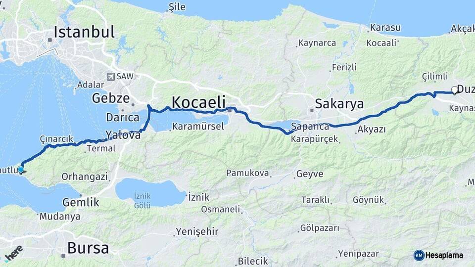 Yalova Armutlu Düzce Arası Kaç Km - Yol Haritası