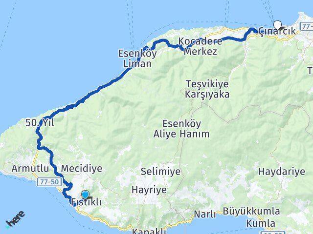 Yalova Armutlu Fıstıklı Çınarcık Arası Kaç Km - Yol Haritası