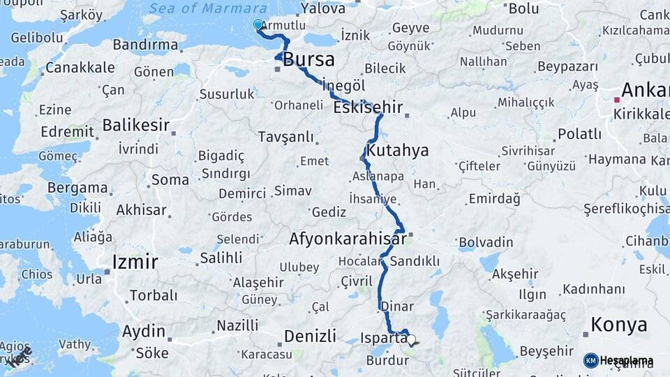 Yalova Armutlu Isparta Arası Kaç Km - Yol Haritası