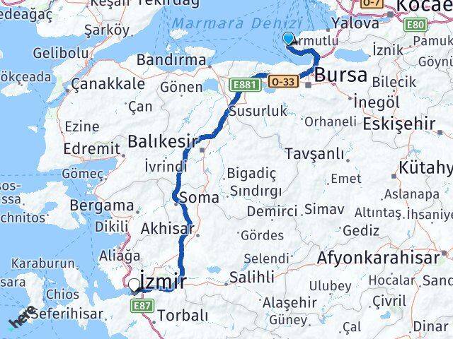 Yalova Armutlu İzmir Arası Kaç Km - Yol Haritası