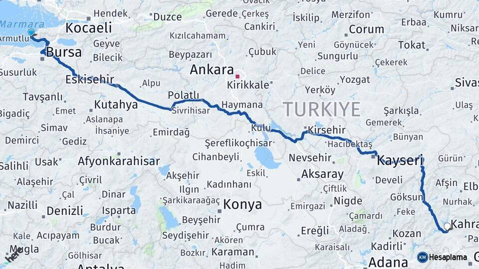 Yalova Armutlu Kahramanmaraş Arası Kaç Km - Yol Haritası