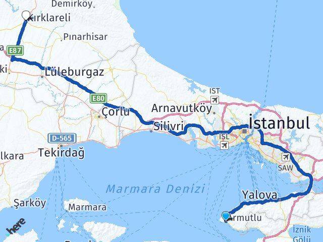 Yalova Armutlu Kırklareli Arası Kaç Km - Yol Haritası
