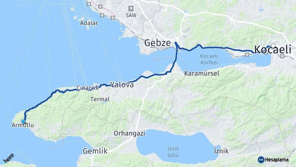 Yalova Armutlu Kocaeli Arası Kaç Km - Yol Haritası