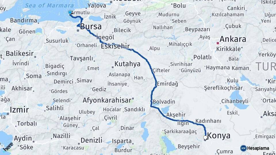Yalova Armutlu Konya Arası Kaç Km - Yol Haritası