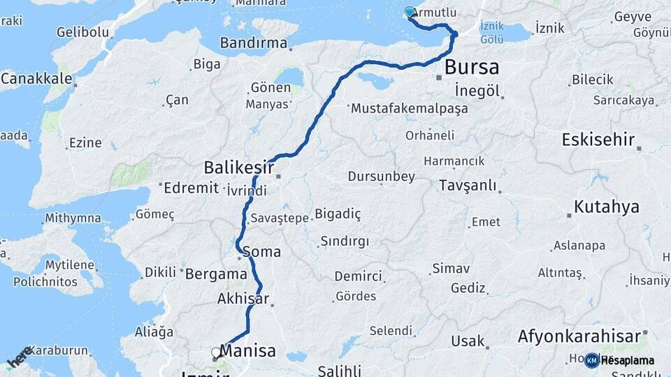 Yalova Armutlu Manisa Arası Kaç Km - Yol Haritası
