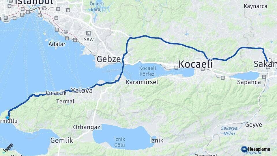 Yalova Armutlu Sakarya Arası Kaç Km - Yol Haritası
