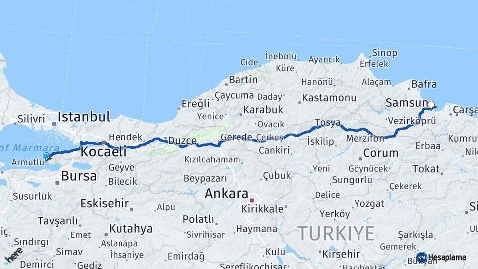 Yalova Armutlu Samsun Arası Kaç Km - Yol Haritası