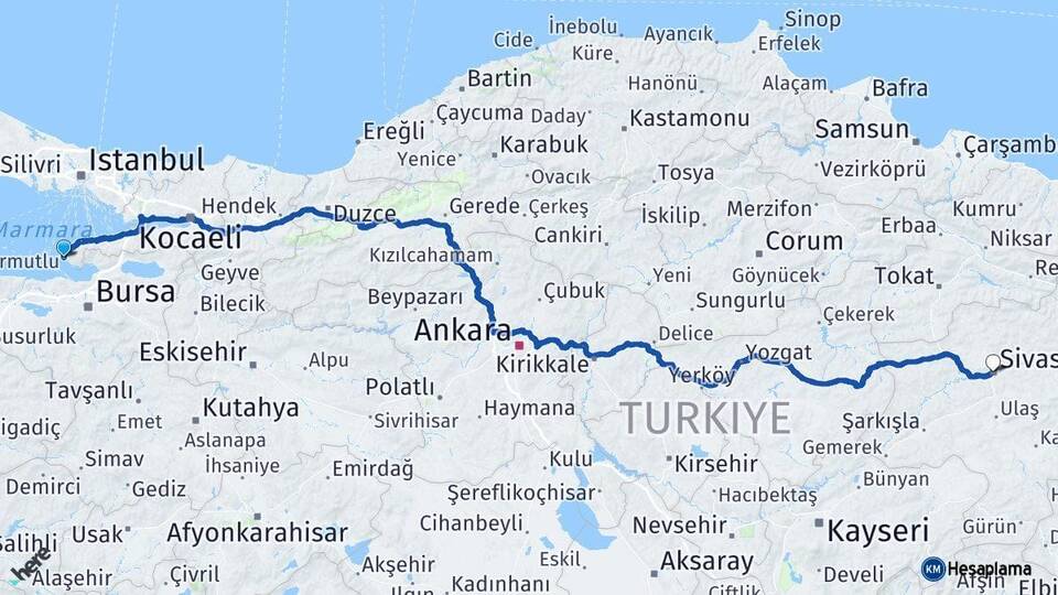 Yalova Armutlu Sivas Arası Kaç Km - Yol Haritası