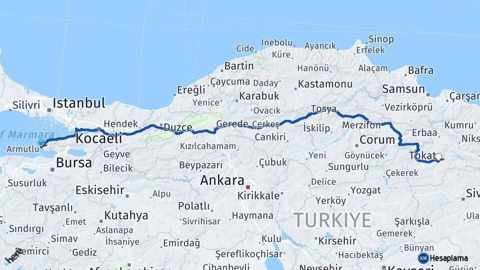 Yalova Armutlu Tokat Arası Kaç Km - Yol Haritası