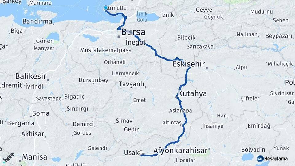 Yalova Armutlu Uşak Arası Kaç Km - Yol Haritası