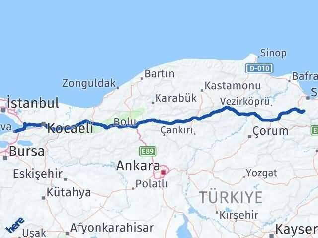 Yalova Asarcık Samsun Arası Kaç Km - Yol Haritası