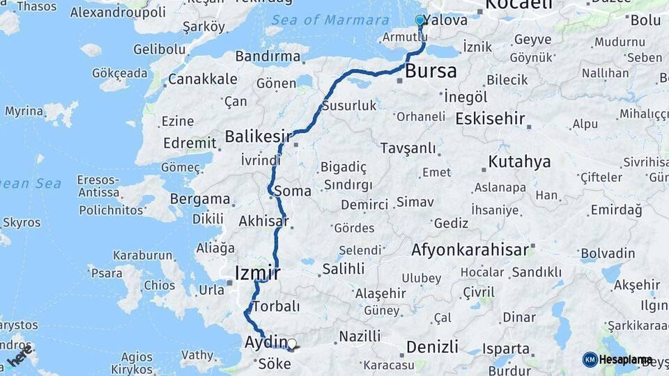 Yalova Aydın Arası Kaç Km - Yol Haritası
