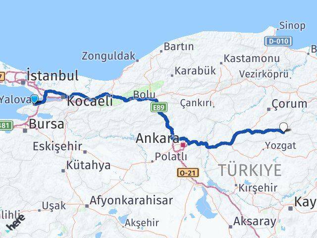 Yalova Aydıncık Yozgat Arası Kaç Km - Yol Haritası