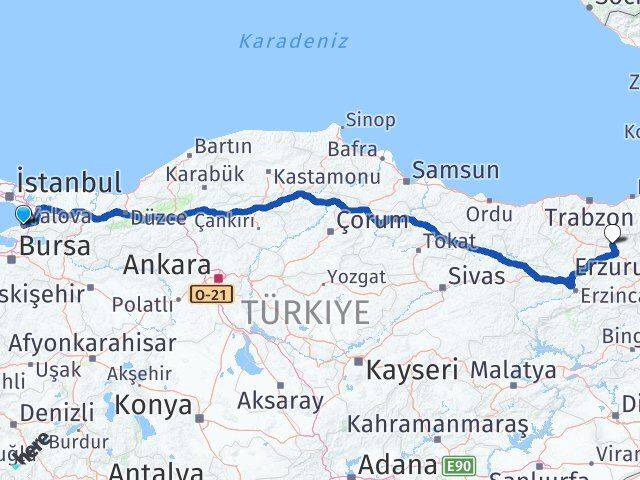 Yalova Aydıntepe Bayburt Arası Kaç Km - Yol Haritası