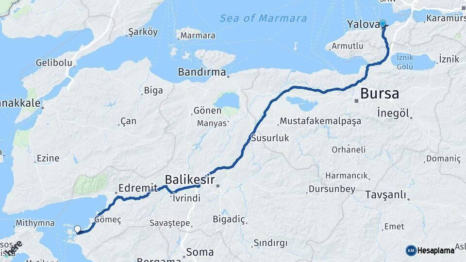 Yalova Ayvalık Balıkesir Arası Kaç Km - Yol Haritası