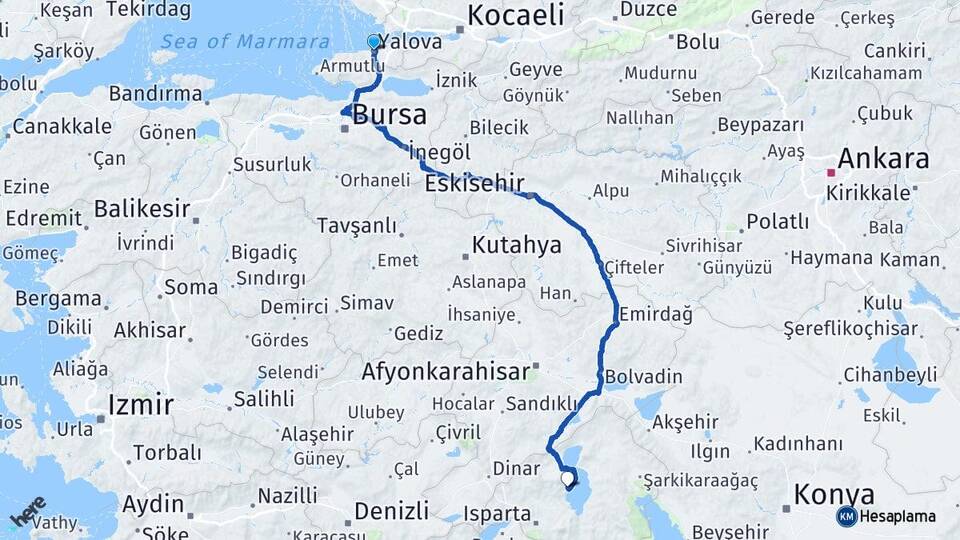 Yalova Barla Eğirdir Isparta Arası Kaç Km - Yol Haritası
