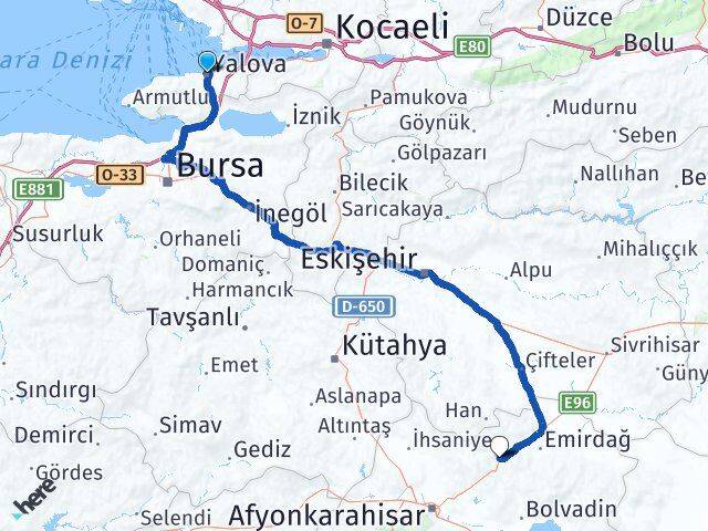 Yalova Bayat Afyonkarahisar Arası Kaç Km - Yol Haritası