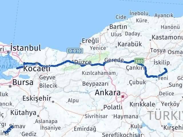 Yalova Bayat Çorum Arası Kaç Km - Yol Haritası