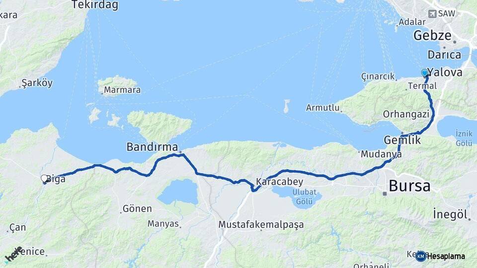 Yalova Biga Çanakkale Arası Kaç Km - Yol Haritası
