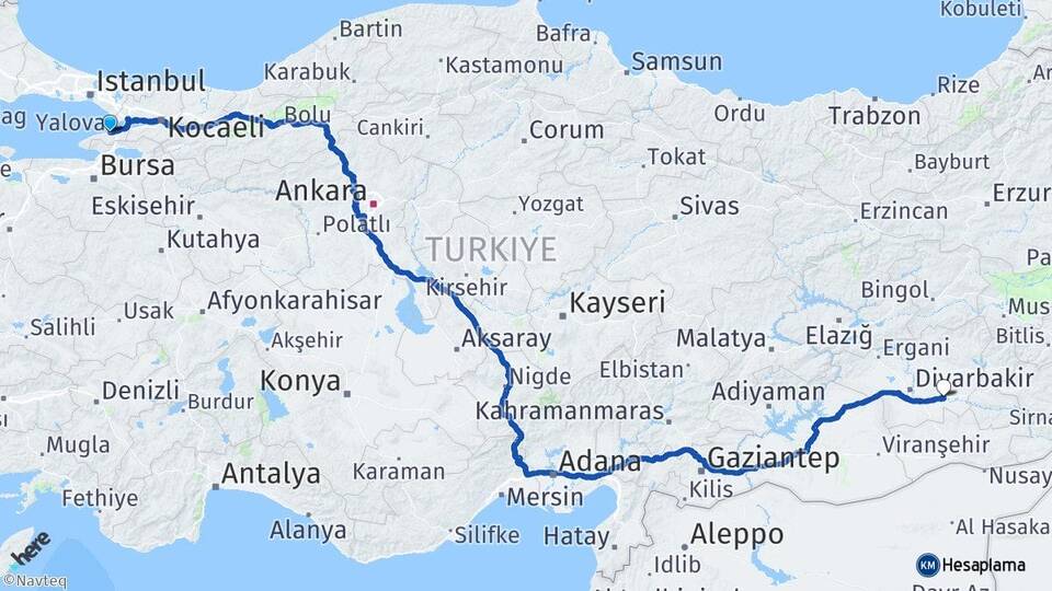 Yalova Bismil Diyarbakır Arası Kaç Km - Yol Haritası