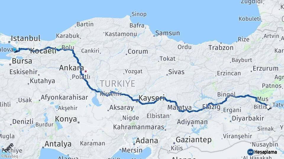Yalova Bitlis Arası Kaç Km - Yol Haritası