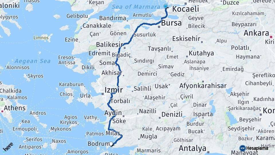 Yalova Bodrum Muğla Arası Kaç Km - Yol Haritası