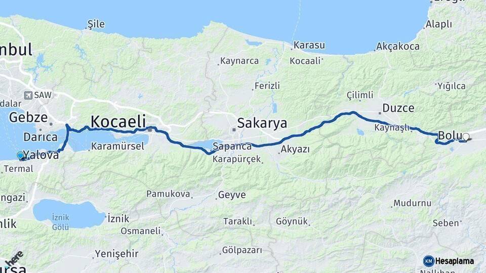 Yalova Bolu Arası Kaç Km - Yol Haritası