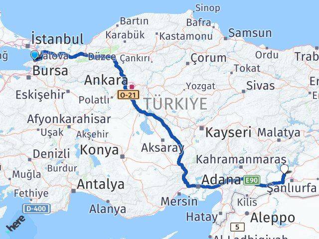 Yalova Bozova Şanlıurfa Arası Kaç Km - Yol Haritası