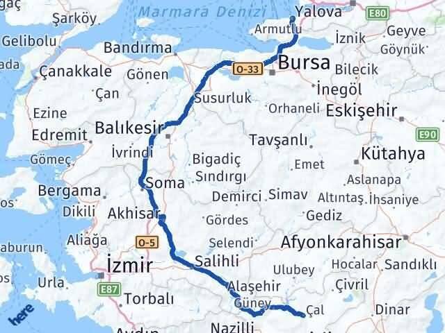 Yalova Çal Denizli Arası Kaç Km - Yol Haritası