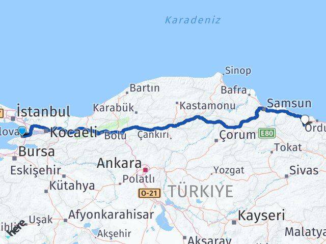 Yalova Çamaş Ordu Arası Kaç Km - Yol Haritası