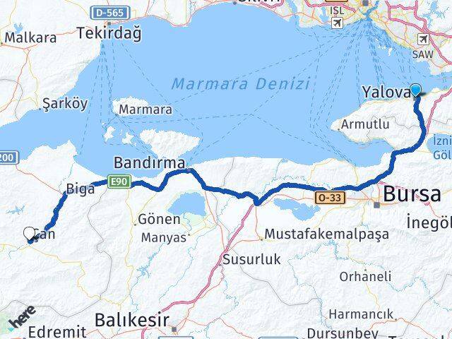 Yalova Çan Çanakkale Arası Kaç Km - Yol Haritası