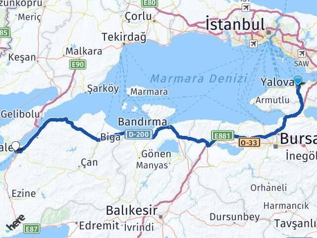 Yalova Çanakkale Feribot İskelesi Arası Kaç Km - Yol Haritası