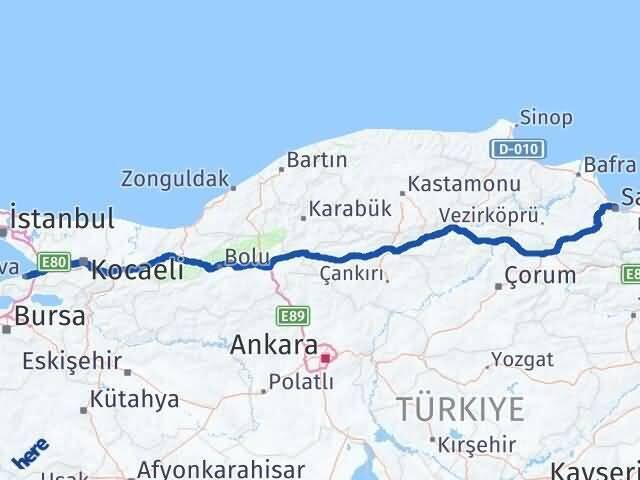 Yalova Canik Samsun Arası Kaç Km - Yol Haritası