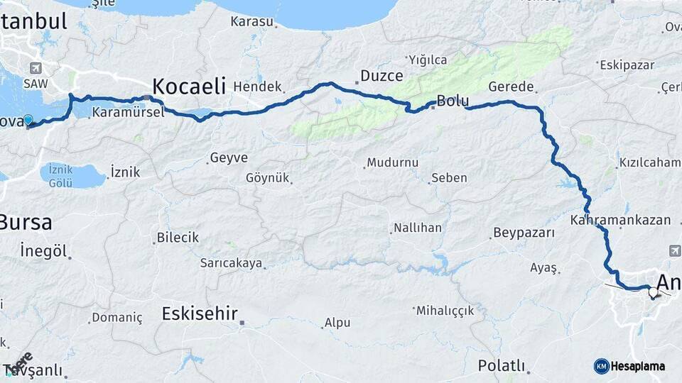 Yalova Çankaya Ankara Arası Kaç Km - Yol Haritası