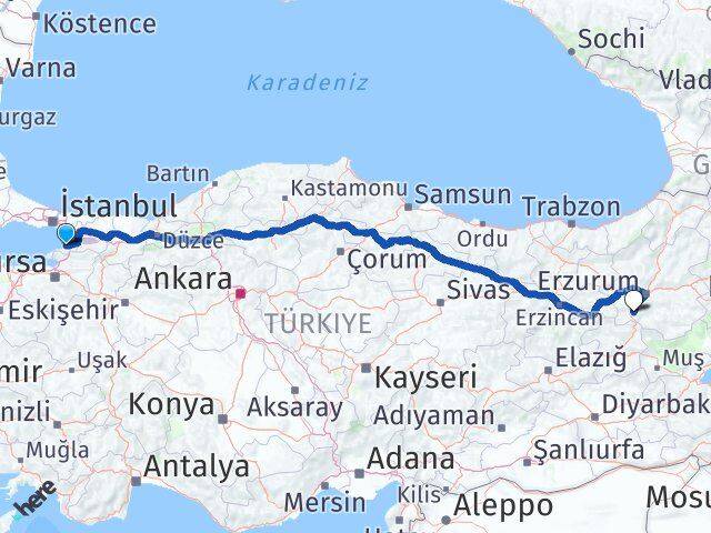 Yalova Çat Erzurum Arası Kaç Km - Yol Haritası