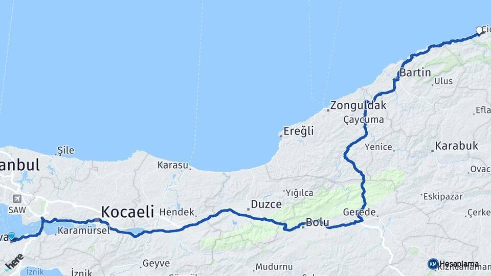 Yalova Cide Kastamonu Arası Kaç Km - Yol Haritası