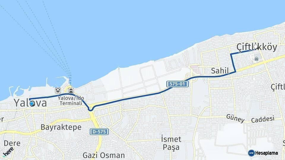 Yalova Çiftlikköy Arası Kaç Km - Yol Haritası