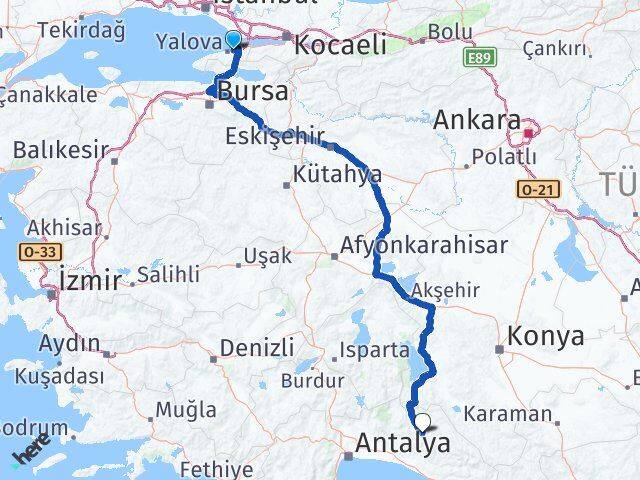 Yalova Çiftlikköy İbradı Antalya Arası Kaç Km - Yol Haritası