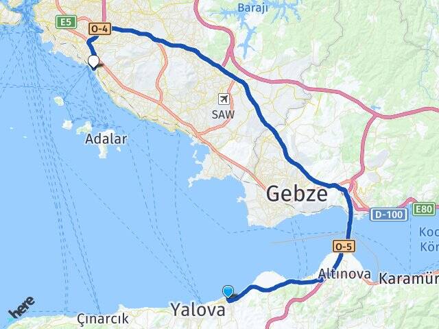 Yalova Çiftlikköy Küçükyalı Maltepe İstanbul Arası Kaç Km - Yol Haritası
