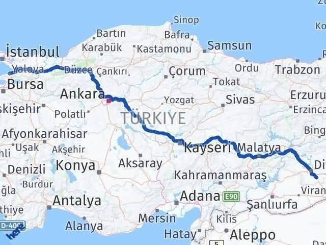 Yalova Çınar Diyarbakır Arası Kaç Km - Yol Haritası
