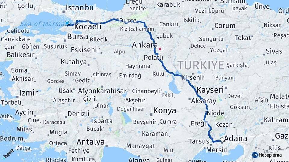 Yalova Çınarcık Adana Arası Kaç Km - Yol Haritası