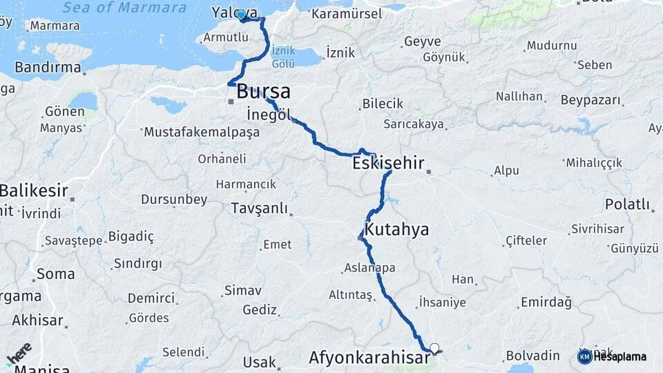 Yalova Çınarcık Afyonkarahisar Arası Kaç Km - Yol Haritası